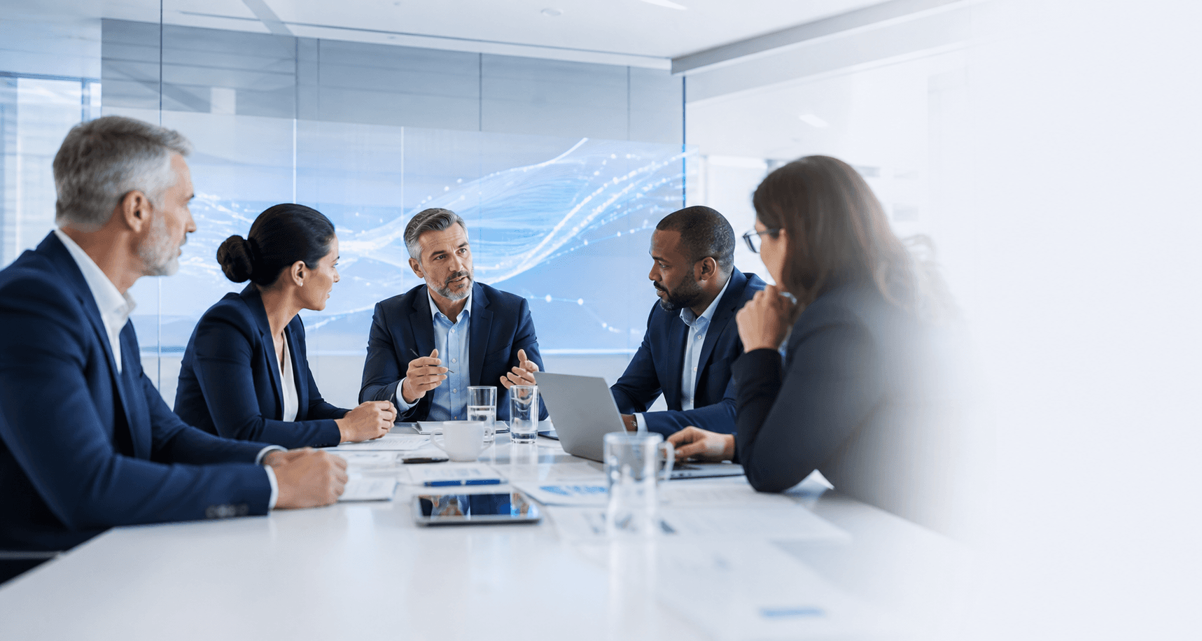 Enterprise advisors discussing AI governance and technology strategy in a bright boardroom.