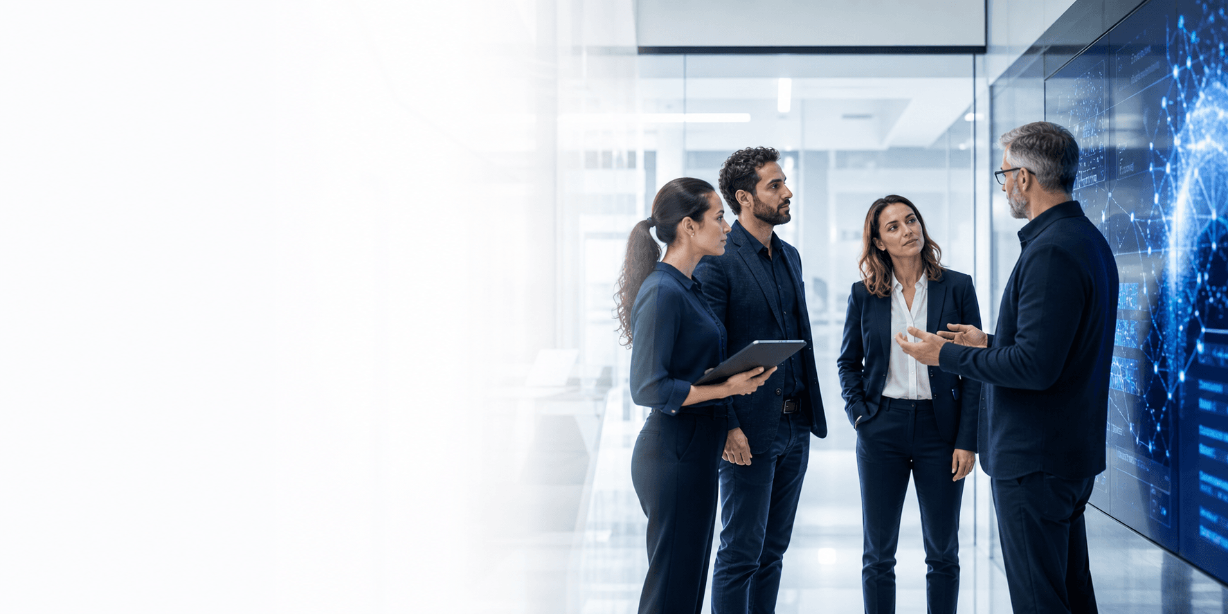 Technology advisors reviewing AI and cybersecurity signals in a modern office.